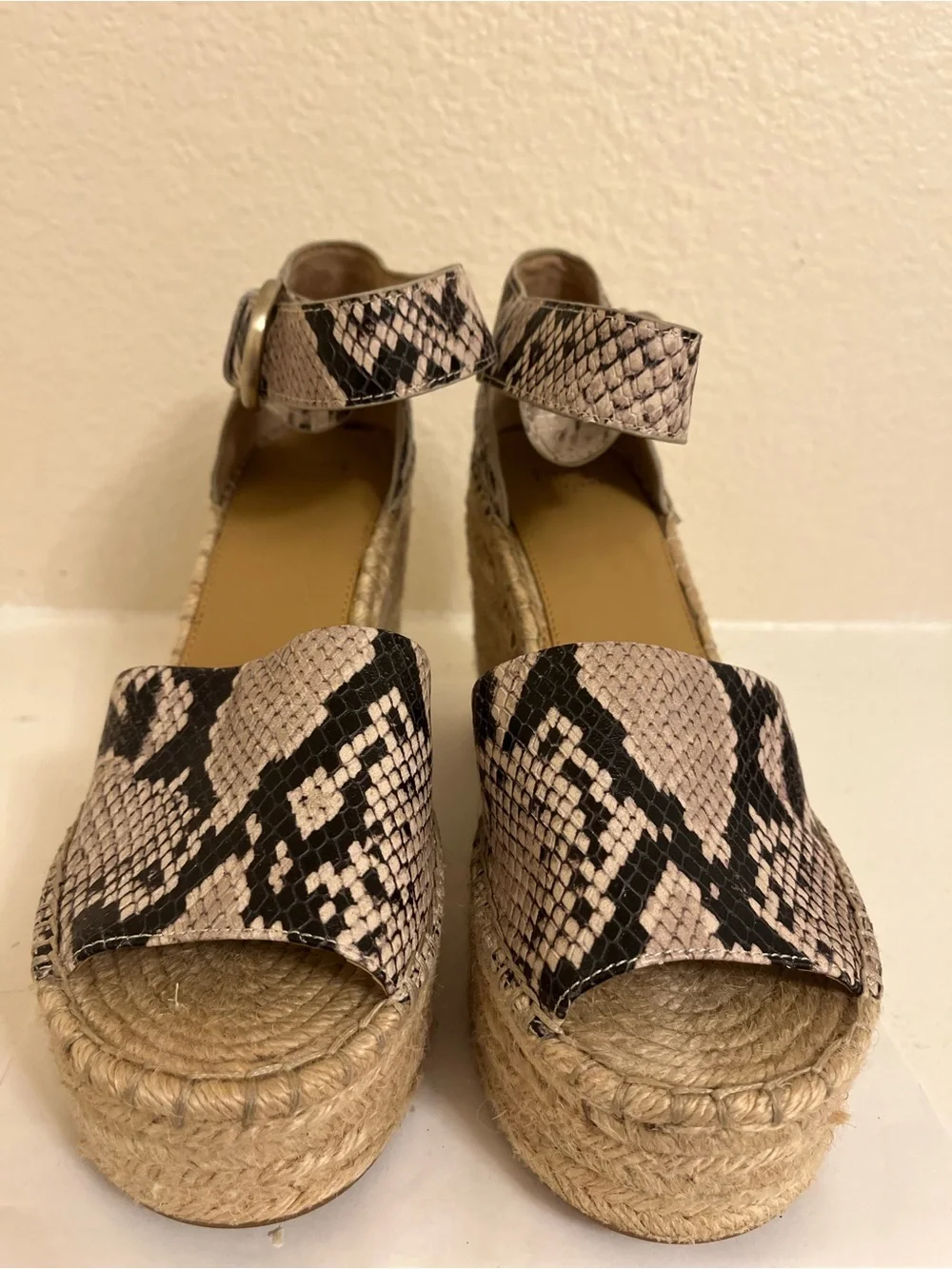 Marc Fisher Snake-Print Espadrille Platform Wedges - Beige/Black - Size 9M